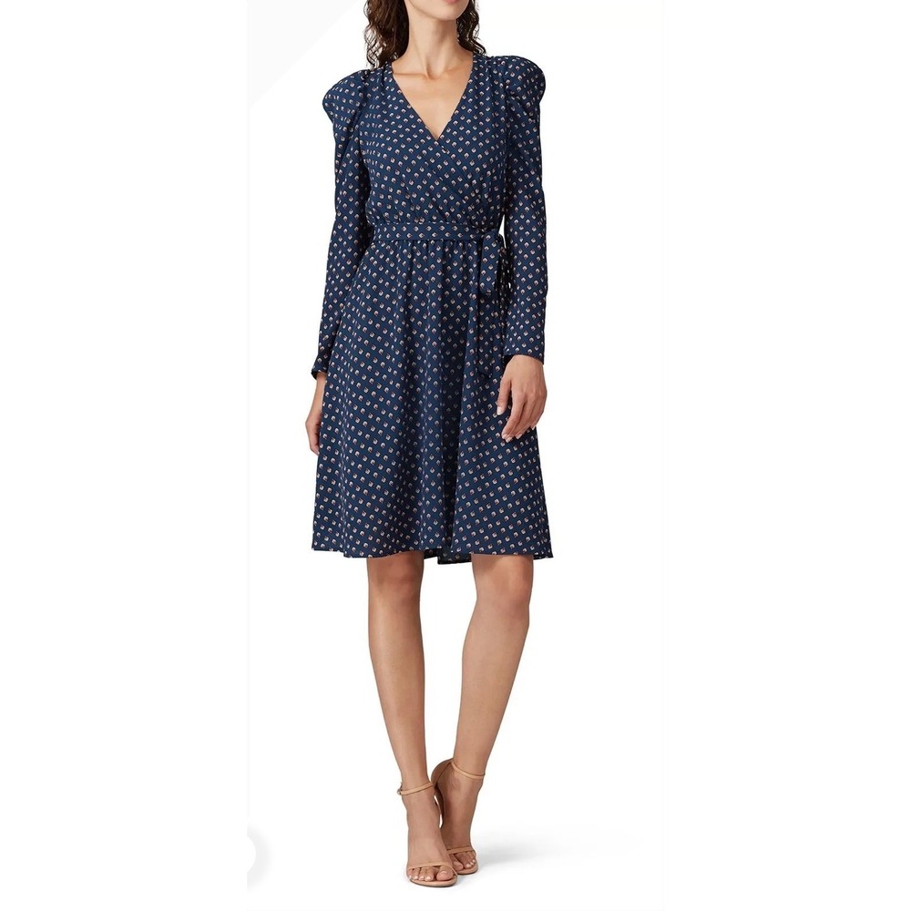 Slate & Willow Navy Blue Floral Faux Wrap Dress Puff Sleeve V-Neck Size S